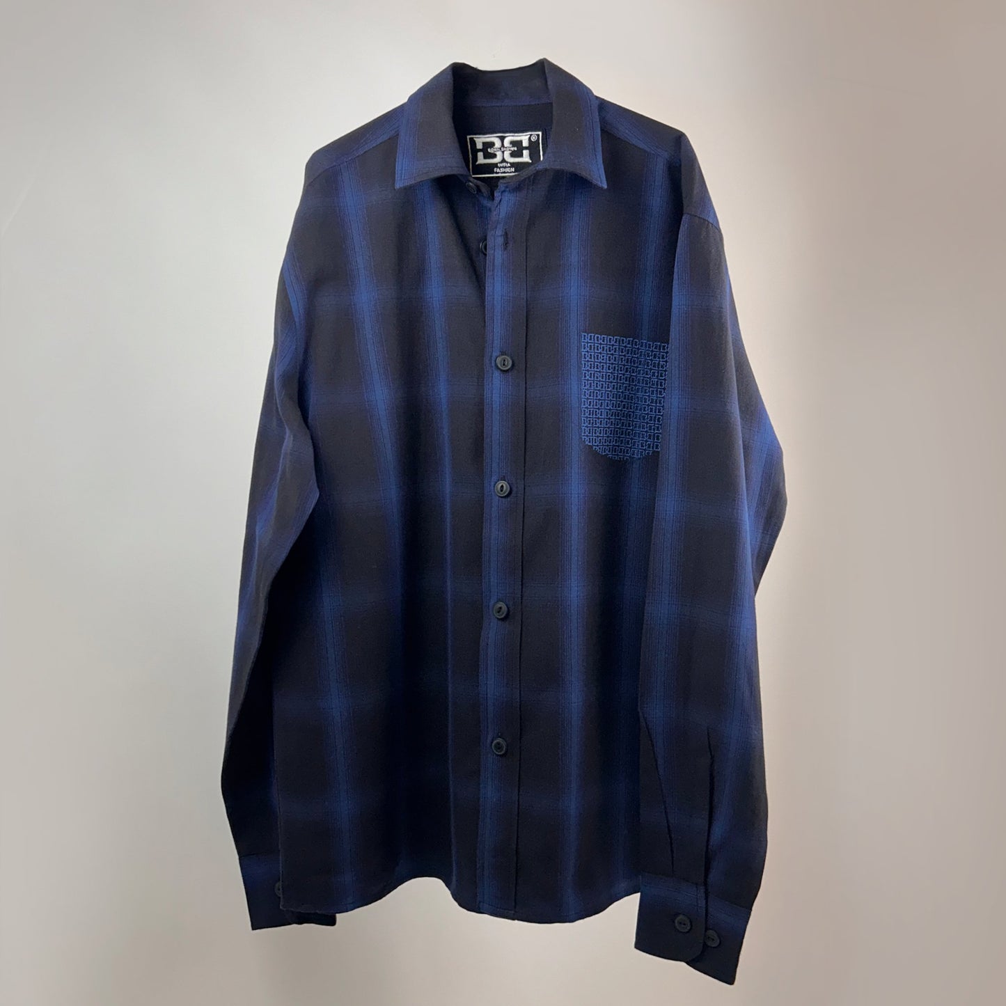Navy Ombre Check Embroidered Shirt