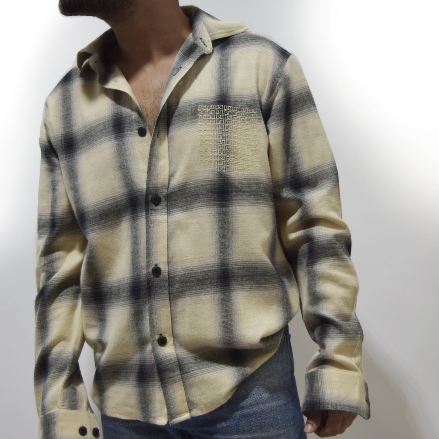 Beige Ombre Check Embroidered Shirt