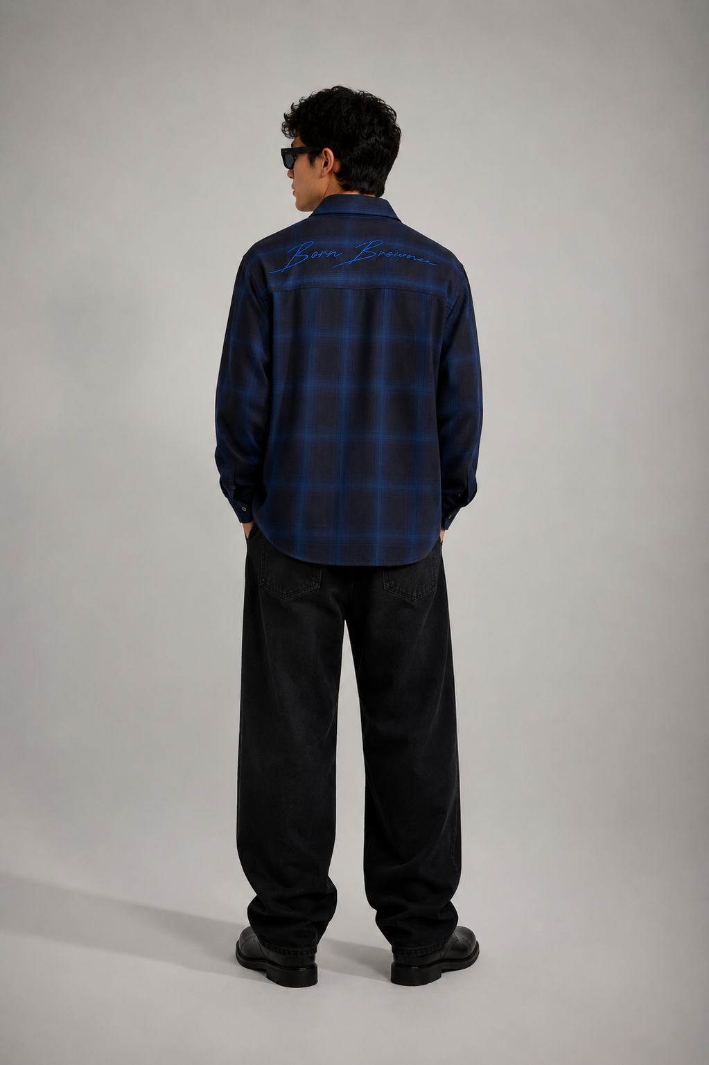 Navy Ombre Check Embroidered Shirt