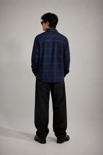 Navy Ombre Check Embroidered Shirt