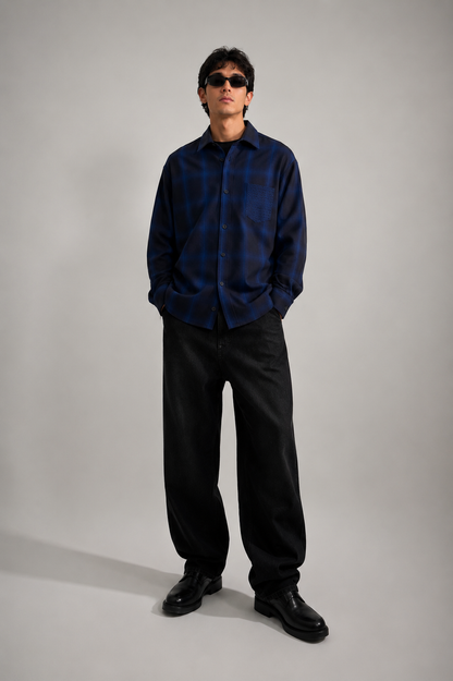 Navy Ombre Check Embroidered Shirt