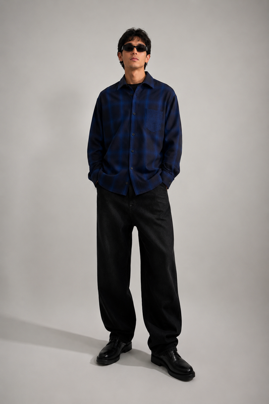 Navy Ombre Check Embroidered Shirt